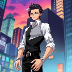 An anime-style illustration of a tall and slender character with black, slicked back hair and lifeless, dead fish eyes, exuding an air of mystery