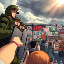 An animation-style scene depicting the Berlin Wall during the height of the division, showing a stark contrast between military soldiers in uniform on one side, showing stern expressions and holding riot shields, and a group of passionate protesters on the other side, holding signs of peace and freedom, expressing determination and unity