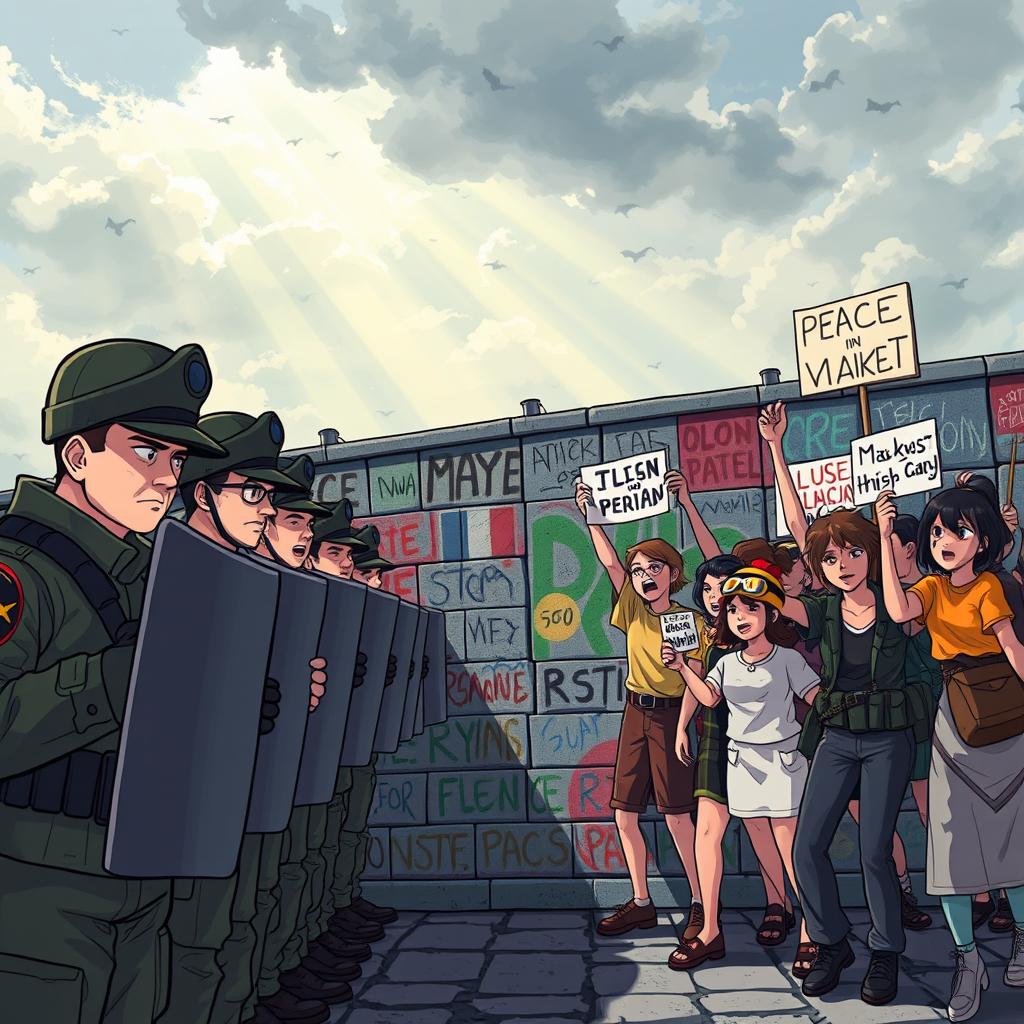 An animation-style scene depicting the Berlin Wall during the height of the division, showing a stark contrast between military soldiers in uniform on one side, showing stern expressions and holding riot shields, and a group of passionate protesters on the other side, holding signs of peace and freedom, expressing determination and unity