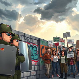 An animation-style scene depicting the Berlin Wall during the height of the division, showing a stark contrast between military soldiers in uniform on one side, showing stern expressions and holding riot shields, and a group of passionate protesters on the other side, holding signs of peace and freedom, expressing determination and unity