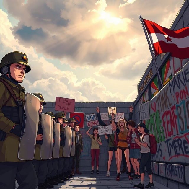 An animation-style scene depicting the Berlin Wall during the height of the division, showing a stark contrast between military soldiers in uniform on one side, showing stern expressions and holding riot shields, and a group of passionate protesters on the other side, holding signs of peace and freedom, expressing determination and unity