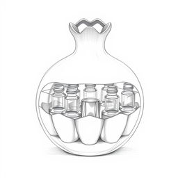 A highly detailed pencil sketch depicting a creative perfume bottle design shaped like a pomegranate, which is divided into two halves
