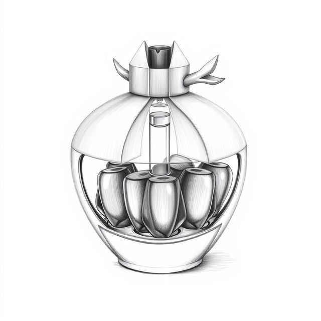 A highly detailed pencil sketch depicting a creative perfume bottle design shaped like a pomegranate, which is divided into two halves