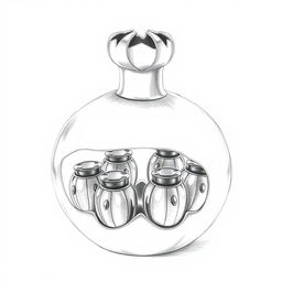 A highly detailed pencil sketch depicting a creative perfume bottle design shaped like a pomegranate, which is divided into two halves