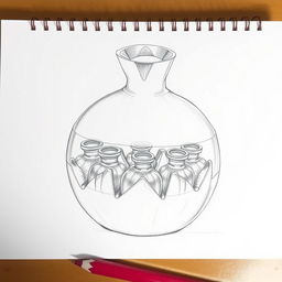 A highly detailed pencil sketch depicting a creative perfume bottle design shaped like a pomegranate, which is divided into two halves