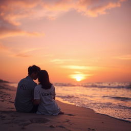 A romantic scene on a beach during sunset, featuring a couple sitting close together