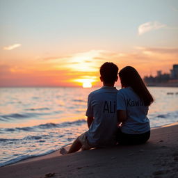 A romantic scene on a beach during sunset, featuring a couple sitting close together