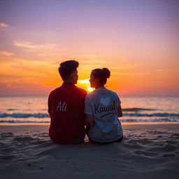 A romantic scene on a beach during sunset, featuring a couple sitting close together