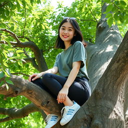 A beautiful young Korean woman wearing a casual t-shirt, short pants, and sneakers sitting on a lush tree, facing forward with a gentle and cute smile