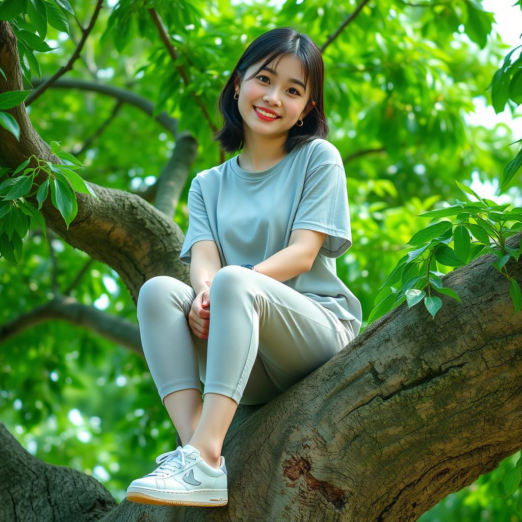 A beautiful young Korean woman wearing a casual t-shirt, short pants, and sneakers sitting on a lush tree, facing forward with a gentle and cute smile