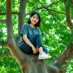 A beautiful young Korean woman wearing a casual t-shirt, short pants, and sneakers sitting on a lush tree, facing forward with a gentle and cute smile