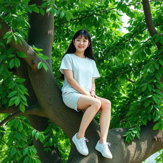 A beautiful young Korean woman wearing a casual t-shirt, short pants, and sneakers sitting on a lush tree, facing forward with a gentle and cute smile