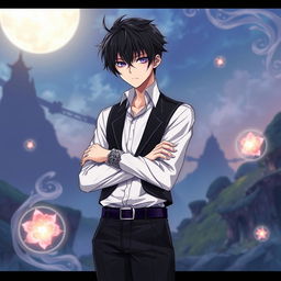 A fantasy anime-style illustration of a tall, slender character with black, slicked back hair and lifeless, dead fish eyes, giving a captivating and eerie presence