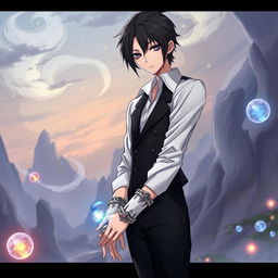 A fantasy anime-style illustration of a tall, slender character with black, slicked back hair and lifeless, dead fish eyes, giving a captivating and eerie presence
