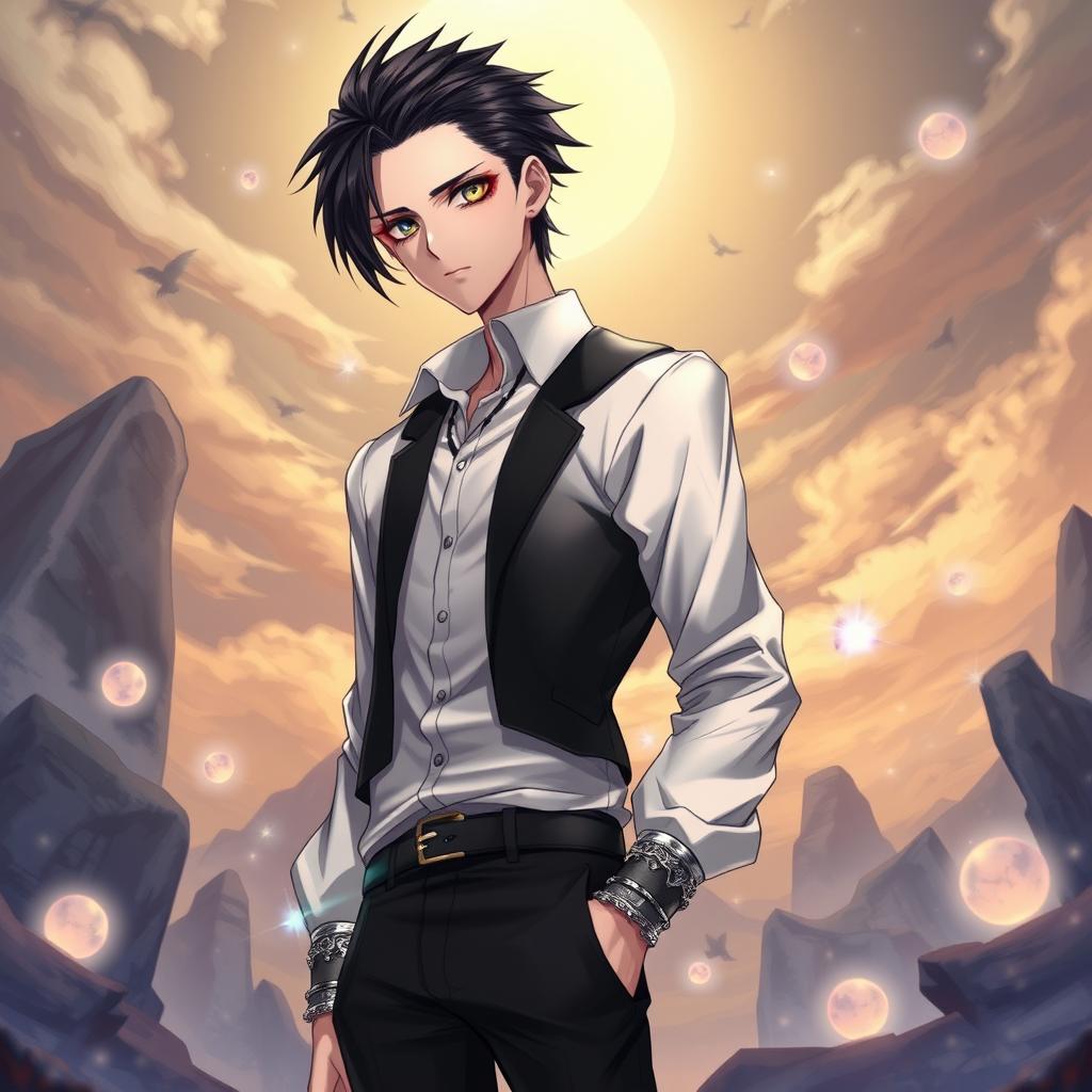 A fantasy anime-style illustration of a tall, slender character with black, slicked back hair and lifeless, dead fish eyes, giving a captivating and eerie presence