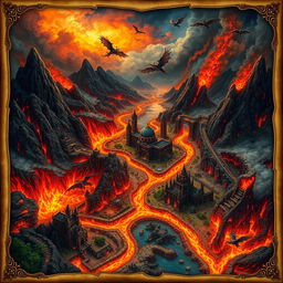 A beautiful, fantasy-style map of hell, featuring vibrant colors and intricate details