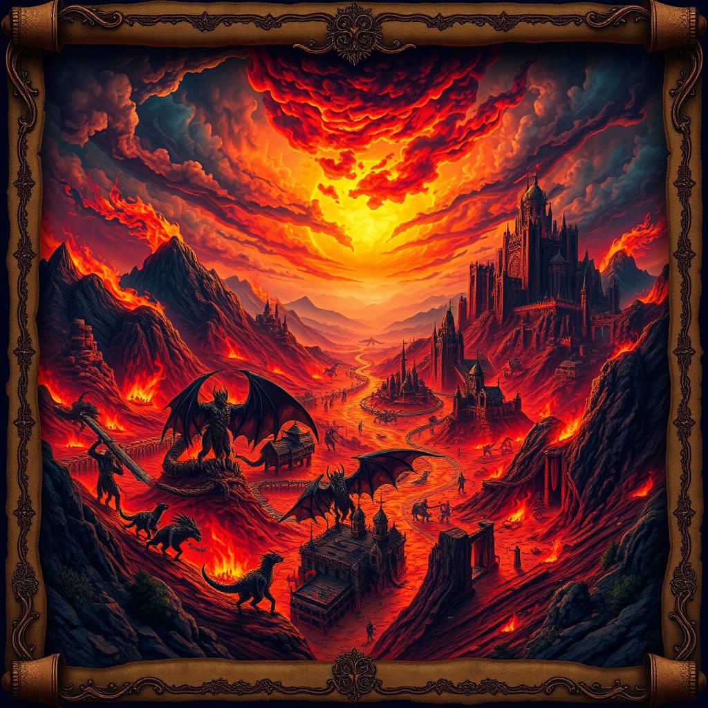 A beautiful, fantasy-style map of hell, featuring vibrant colors and intricate details