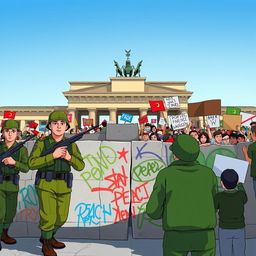 An animation-style scene depicting the Berlin Wall as a divide between military personnel on one side, wearing olive green uniforms, holding rifles, and looking stern, and passionate protesters on the other side, waving colorful banners and signs, expressing peace and freedom