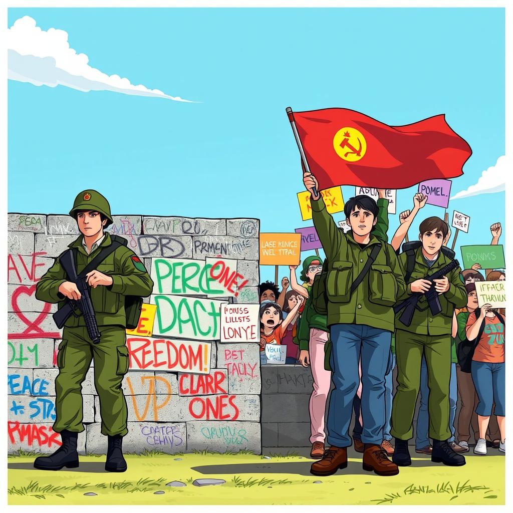 An animation-style scene depicting the Berlin Wall as a divide between military personnel on one side, wearing olive green uniforms, holding rifles, and looking stern, and passionate protesters on the other side, waving colorful banners and signs, expressing peace and freedom