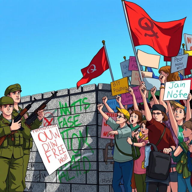 An animation-style scene depicting the Berlin Wall as a divide between military personnel on one side, wearing olive green uniforms, holding rifles, and looking stern, and passionate protesters on the other side, waving colorful banners and signs, expressing peace and freedom