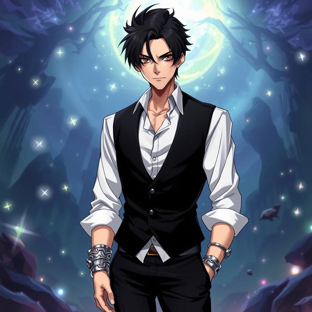 A fantasy anime-style illustration of a tall and slightly older character with black, slicked back hair and lifeless, dead fish eyes, expressing an enigmatic demeanor