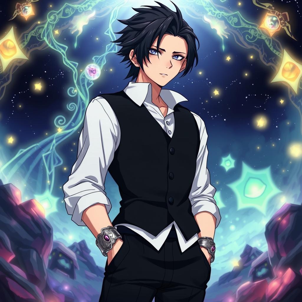 A fantasy anime-style illustration of a tall and slightly older character with black, slicked back hair and lifeless, dead fish eyes, expressing an enigmatic demeanor