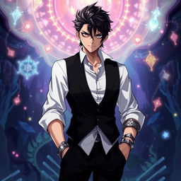A fantasy anime-style illustration of a tall and slightly older character with black, slicked back hair and lifeless, dead fish eyes, expressing an enigmatic demeanor