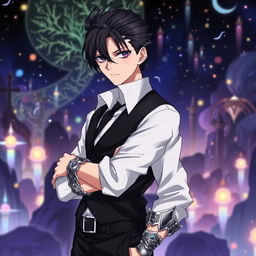 A fantasy anime-style illustration of a tall and slightly older character with black, slicked back hair and lifeless, dead fish eyes, expressing an enigmatic demeanor