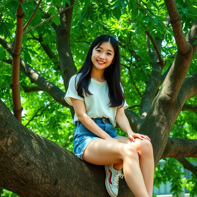 A beautiful young Korean woman sitting on a lush tree, facing forward with a soft and cute smile