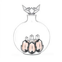 A pencil sketch illustrating a creative perfume bottle design, shaped like a pomegranate and divided into two halves