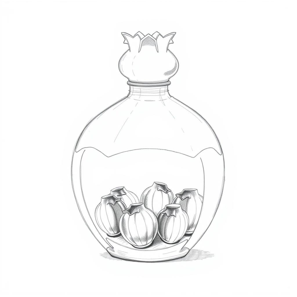 A pencil sketch illustrating a creative perfume bottle design, shaped like a pomegranate and divided into two halves