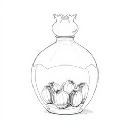 A pencil sketch illustrating a creative perfume bottle design, shaped like a pomegranate and divided into two halves