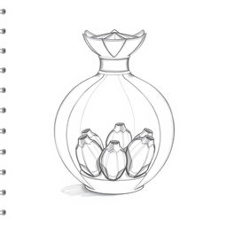 A pencil sketch illustrating a creative perfume bottle design, shaped like a pomegranate and divided into two halves