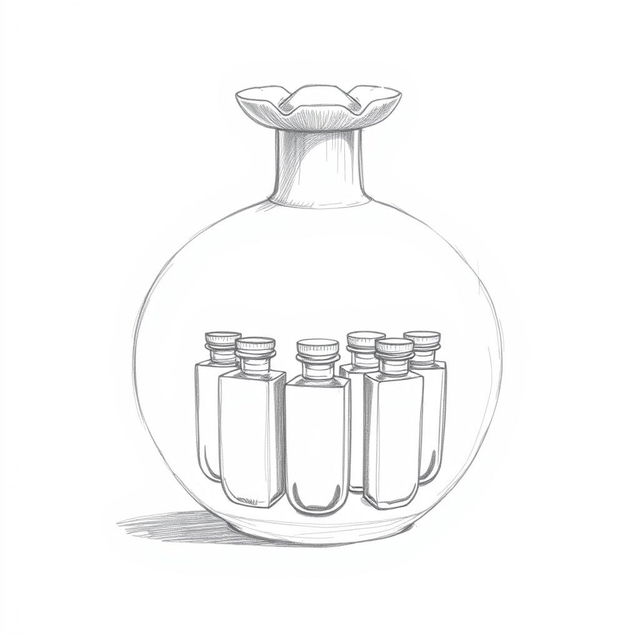 A pencil sketch illustrating a creative perfume bottle design, shaped like a pomegranate and divided into two halves