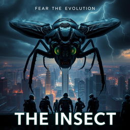 The Insect (2024) - a dramatic and dark sci-fi film poster featuring a menacing giant insect looming over a futuristic cityscape