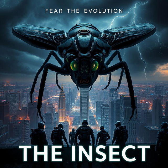 The Insect (2024) - a dramatic and dark sci-fi film poster featuring a menacing giant insect looming over a futuristic cityscape