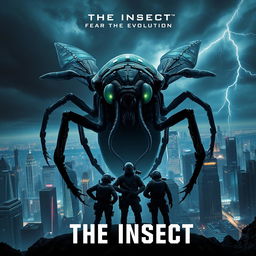 The Insect (2024) - a dramatic and dark sci-fi film poster featuring a menacing giant insect looming over a futuristic cityscape