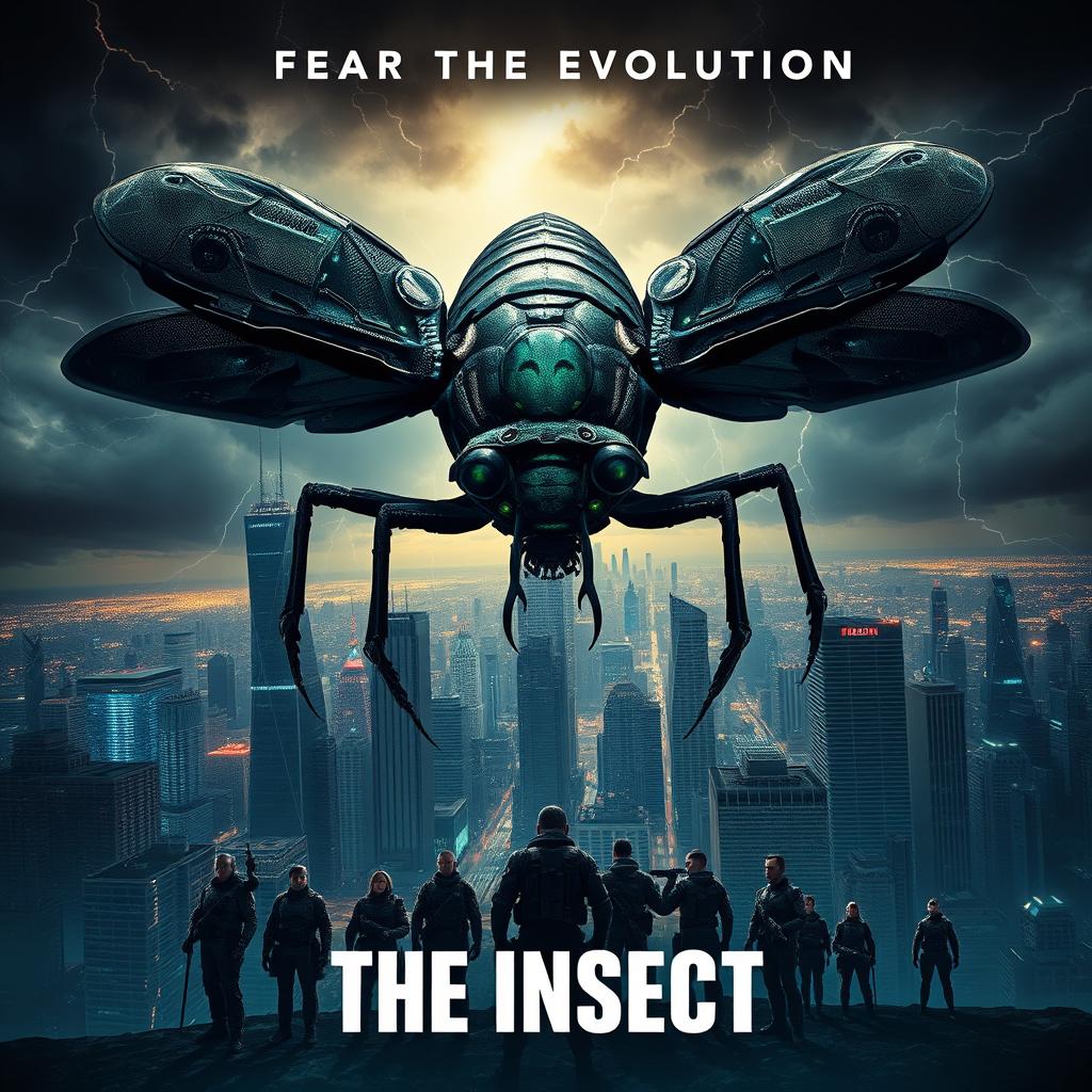 The Insect (2024) - a dramatic and dark sci-fi film poster featuring a menacing giant insect looming over a futuristic cityscape