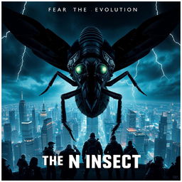 The Insect (2024) - a dramatic and dark sci-fi film poster featuring a menacing giant insect looming over a futuristic cityscape