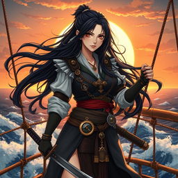 An illustration of a 24-year-old Japanese pirate-samurai woman, embodying strength and adventure