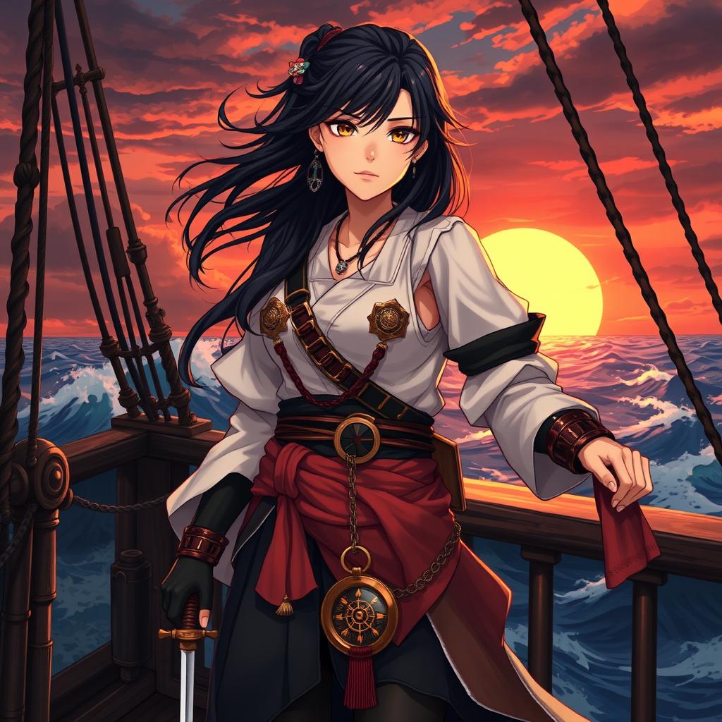 An illustration of a 24-year-old Japanese pirate-samurai woman, embodying strength and adventure