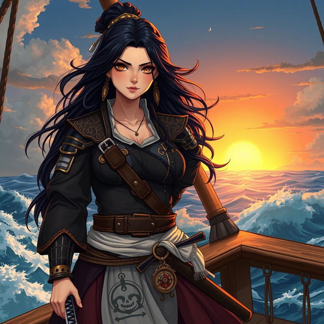 An illustration of a 24-year-old Japanese pirate-samurai woman, embodying strength and adventure