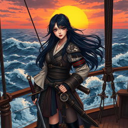 An illustration of a 24-year-old Japanese pirate-samurai woman, embodying strength and adventure
