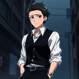 An anime-style illustration of a tall, slightly older character with black, slicked back hair and tired, lifeless, dead fish eyes, conveying a sense of weariness and depth
