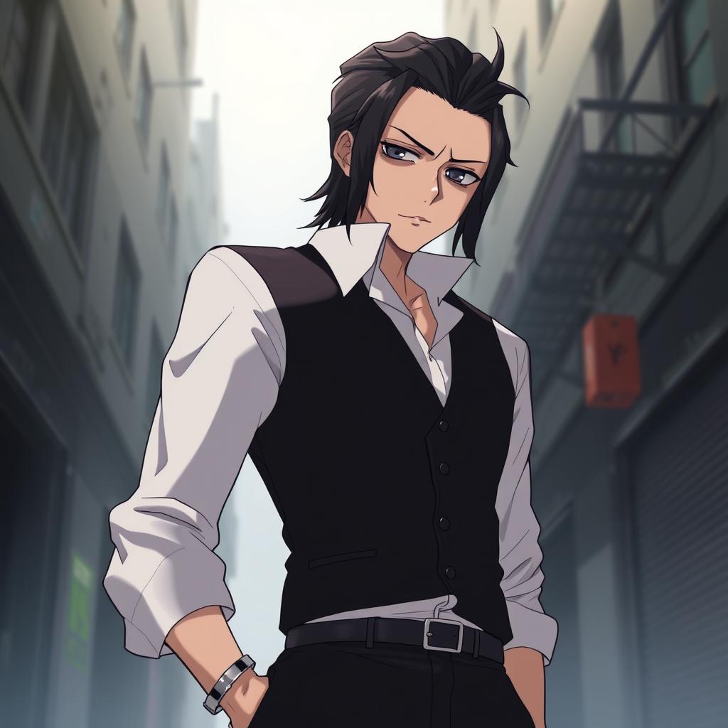 An anime-style illustration of a tall, slightly older character with black, slicked back hair and tired, lifeless, dead fish eyes, conveying a sense of weariness and depth