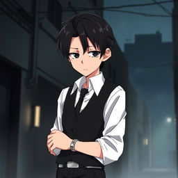 An anime-style illustration of a tall, slightly older character with black, slicked back hair and tired, lifeless, dead fish eyes, conveying a sense of weariness and depth