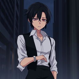 An anime-style illustration of a tall, slightly older character with black, slicked back hair and tired, lifeless, dead fish eyes, conveying a sense of weariness and depth