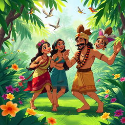 An animated scene depicting a vibrant jungle where three tribal members are joyfully dancing together