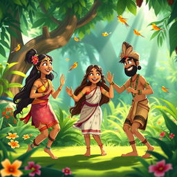 An animated scene depicting a vibrant jungle where three tribal members are joyfully dancing together