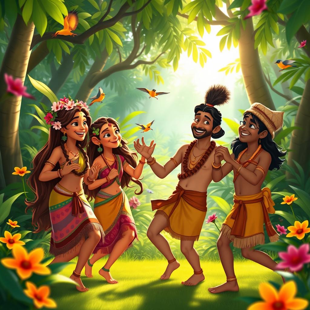 An animated scene depicting a vibrant jungle where three tribal members are joyfully dancing together